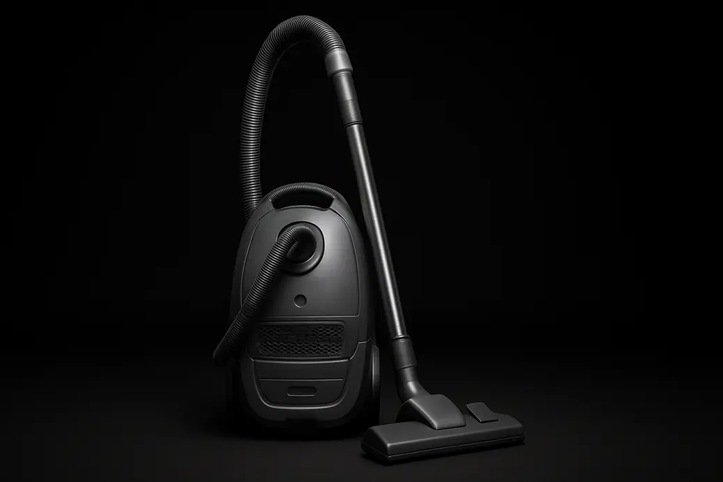 High-quality commercial product photo of a complete vacuum cleaner centered on a black background with soft spotlight illumination and neutral studio lighting, showing the product fully visible and clean.