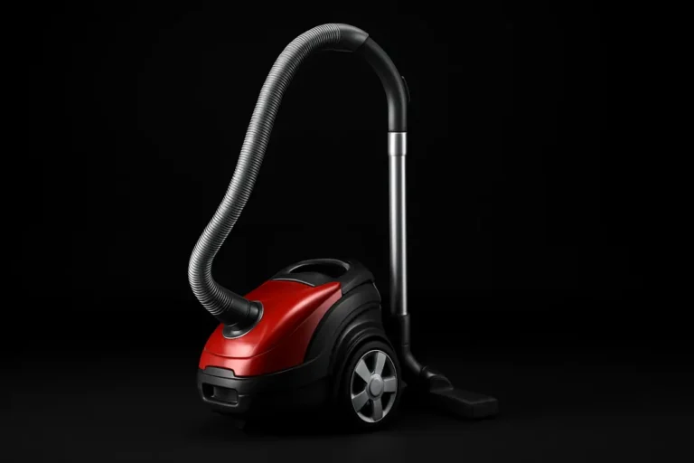 A high-quality, commercially styled product photo of a complete vacuum cleaner centrally placed against a black background, illuminated with soft, even lighting, showing a clean and professional appearance.