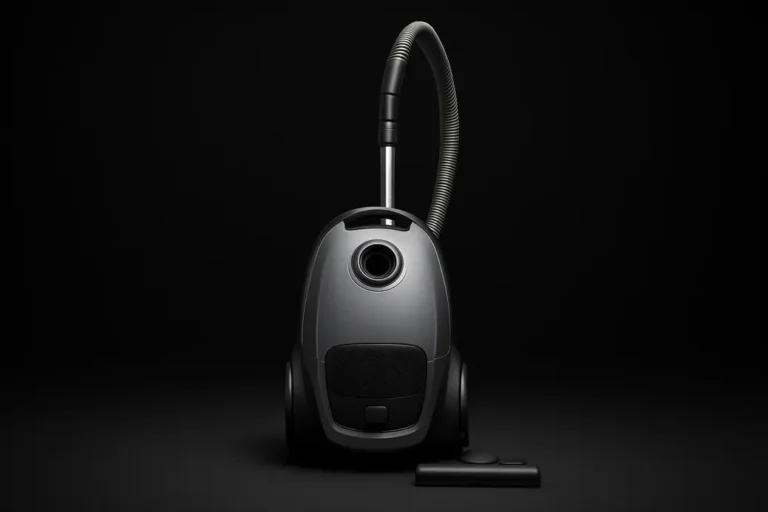 High-quality product photo of a complete vacuum cleaner centered against a black background with soft spotlight lighting highlighting its clean and sleek design