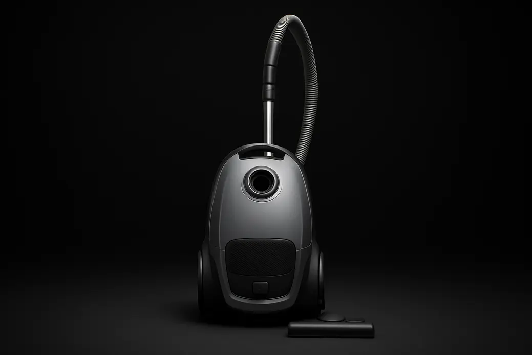 High-quality product photo of a complete vacuum cleaner centered against a black background with soft spotlight lighting highlighting its clean and sleek design
