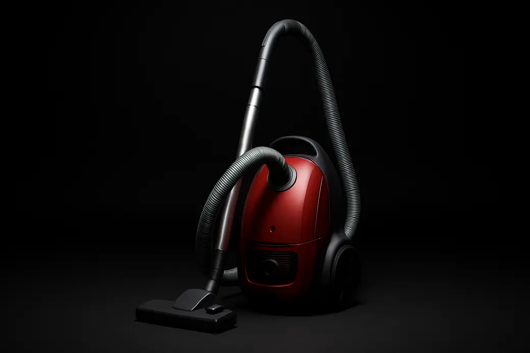 High-quality product photo of a complete vacuum cleaner centered on a black background with soft spotlight and even lighting, showcasing the vacuum cleaner as the central hero with no imperfections.