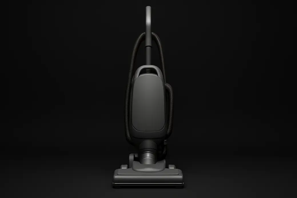 High-quality product photo of a single vacuum cleaner standing upright, centered in frame against a black background with soft, even spotlight illumination and a clean commercial look.