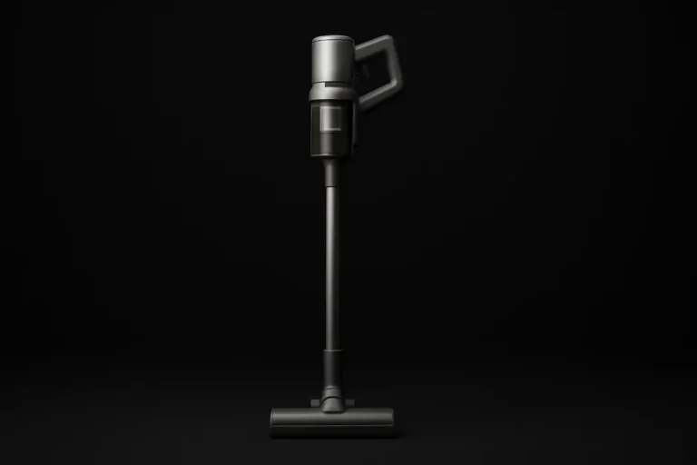 High-quality product photo of a single complete wireless vacuum cleaner centered on a black background with soft, even lighting and a spotlight highlighting the product in a sleek studio setup.