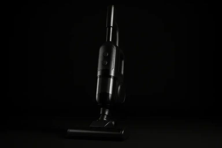Realistic high-quality photo of a single wireless vacuum cleaner centered on a black background under soft spotlighting, highlighting its sleek design and details.
