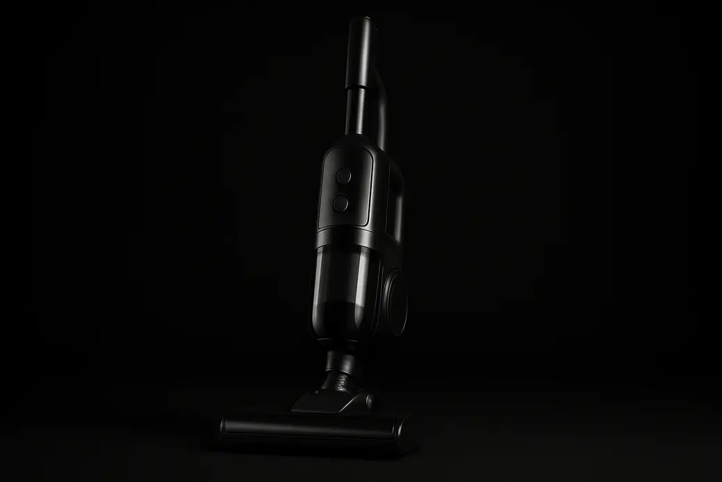 Realistic high-quality photo of a single wireless vacuum cleaner centered on a black background under soft spotlighting, highlighting its sleek design and details.