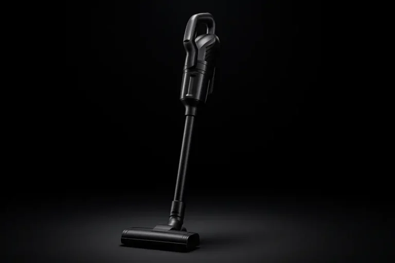 A sleek wireless vacuum cleaner centered against a black background under soft spotlight lighting, shown in a clean professional studio environment.