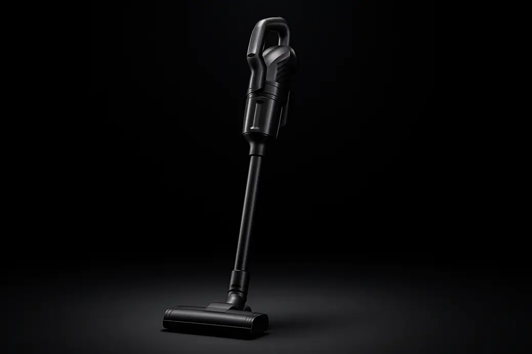 A sleek wireless vacuum cleaner centered against a black background under soft spotlight lighting, shown in a clean professional studio environment.