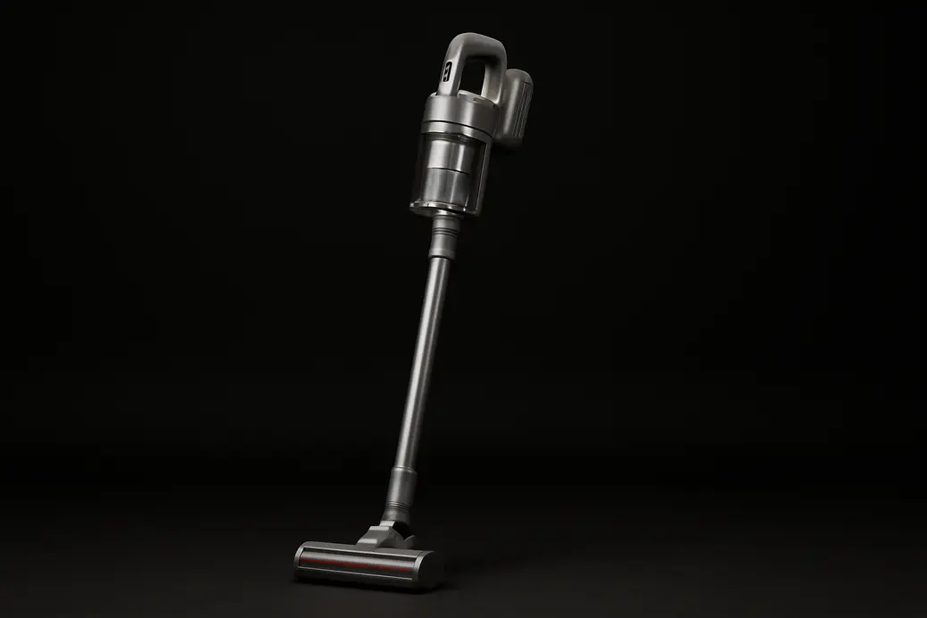 A clean, professional photograph of a complete cordless vacuum cleaner centered against a black background with soft, even lighting and no visible dirt or damage.