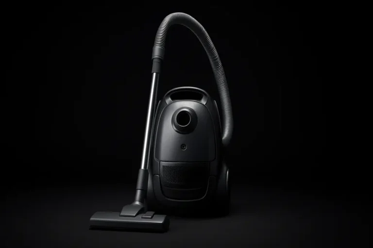 Single black vacuum cleaner centered on black background with spotlight, soft even lighting, clean and undamaged, studio photo
