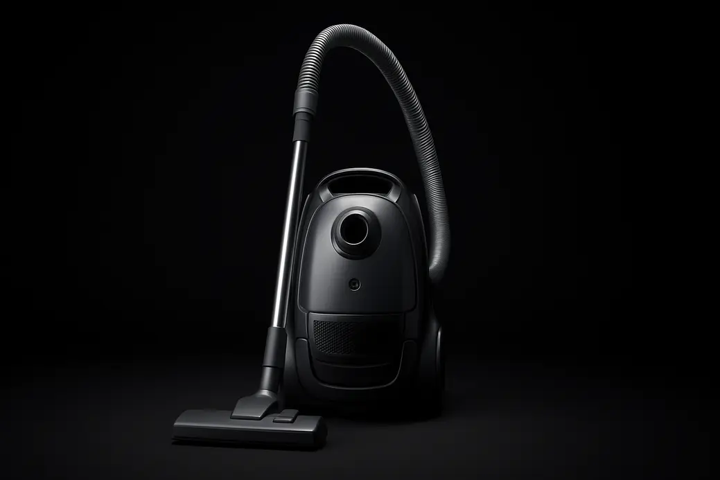 Single black vacuum cleaner centered on black background with spotlight, soft even lighting, clean and undamaged, studio photo