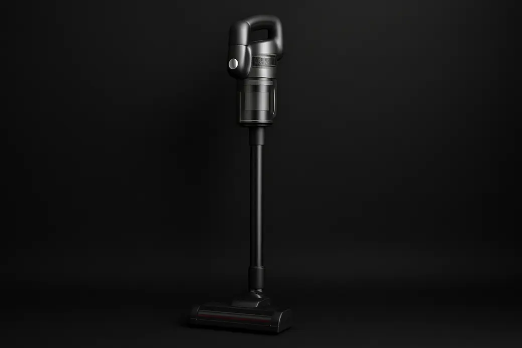 High-quality product photo of a single wireless vacuum cleaner centered on a black background with soft, even lighting, showing a clean and undamaged device