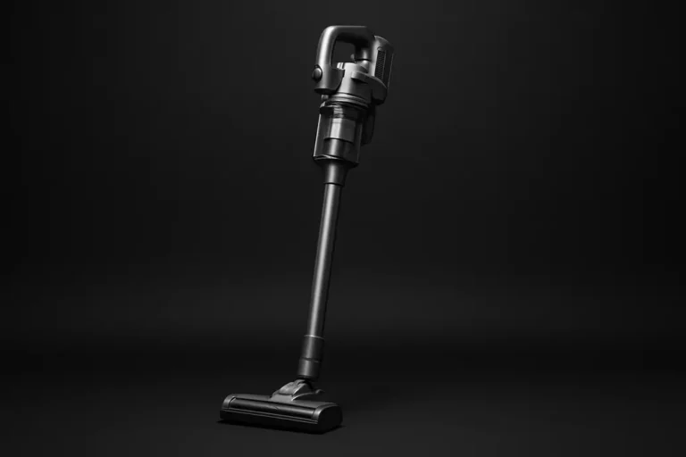 A high-quality product photo of a clean and undamaged complete wireless vacuum cleaner centered against a black background illuminated by soft, even spotlight lighting.