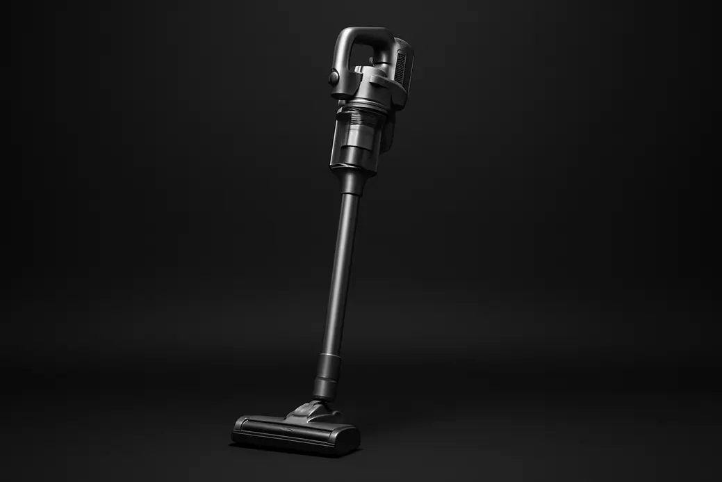 A high-quality product photo of a clean and undamaged complete wireless vacuum cleaner centered against a black background illuminated by soft, even spotlight lighting.