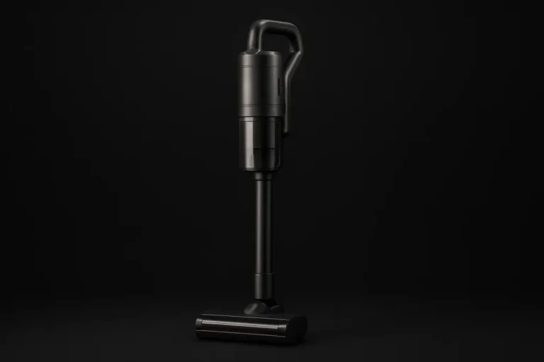 High-quality professional product photo of a complete wireless vacuum cleaner centered against a plain black background with soft even lighting highlighting the product's design and textures.