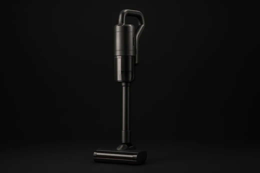 High-quality professional product photo of a complete wireless vacuum cleaner centered against a plain black background with soft even lighting highlighting the product's design and textures.