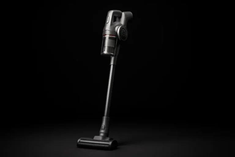 Clean product photo of a single cordless vacuum cleaner centered against a black background with soft, even spotlight illumination highlighting its complete form and sleek design
