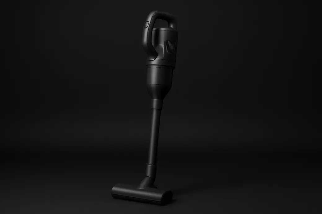 High quality product photo of a complete cordless vacuum cleaner centered on a black seamless background with soft spotlight lighting and minimal shadows, showing sleek modern design and clean surfaces.