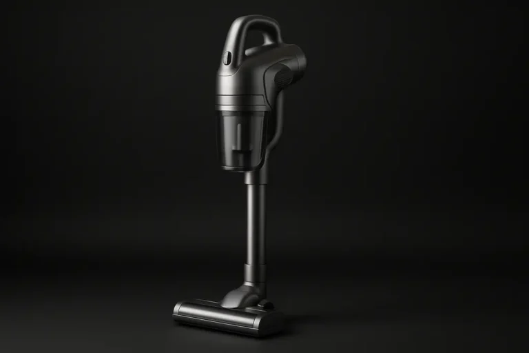 Productfoto van een volledig zichtbare draadloze stofzuiger, centraal geplaatst tegen een zwarte achtergrond met zachte, gelijkmatige verlichting