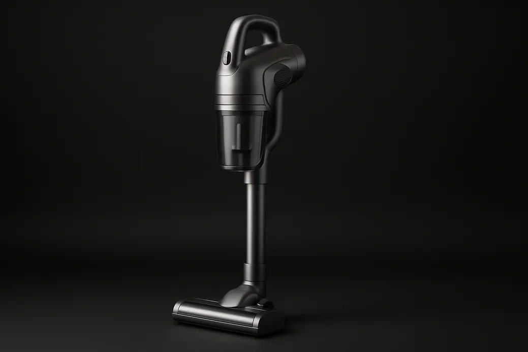 Productfoto van een volledig zichtbare draadloze stofzuiger, centraal geplaatst tegen een zwarte achtergrond met zachte, gelijkmatige verlichting