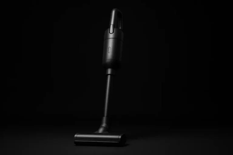 Photo of a single complete wireless vacuum cleaner centered on a black background with soft, even lighting, showing a clean and sleek design without any dirt or damage.