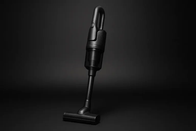 A professional studio photograph of a single wireless vacuum cleaner centered against a black background with a smooth spotlight, illuminated by clean and neutral lighting, showing the product's sleek and realistic design.