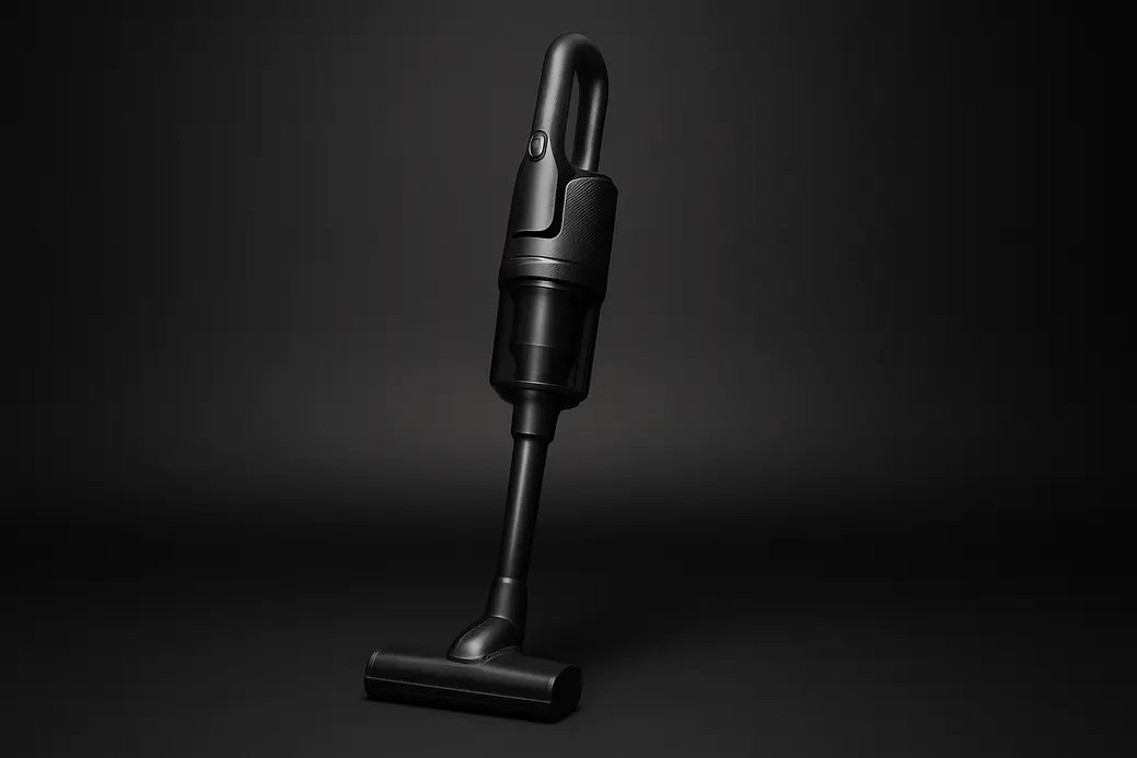 A professional studio photograph of a single wireless vacuum cleaner centered against a black background with a smooth spotlight, illuminated by clean and neutral lighting, showing the product's sleek and realistic design.