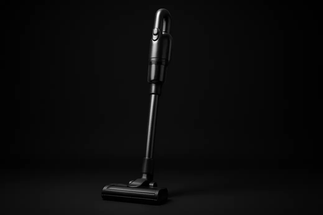 High-quality product photo of a complete cordless vacuum cleaner with black background, centrally positioned and well-lit, showcasing its sleek design and clean appearance.