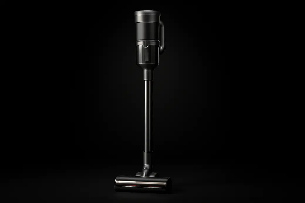 High-quality product photo of a single wireless vacuum cleaner centered on a black background with soft spotlight lighting, showing its sleek and polished design clearly.