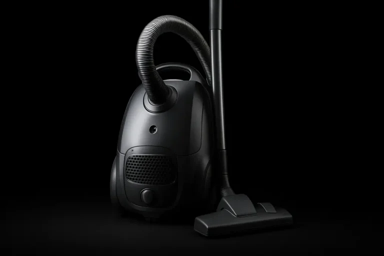 High-quality, realistic product photo of a complete vacuum cleaner centered on a black background with soft, even spotlighting in a professional studio setting