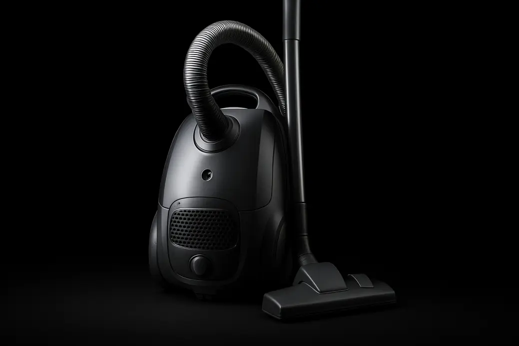 High-quality, realistic product photo of a complete vacuum cleaner centered on a black background with soft, even spotlighting in a professional studio setting