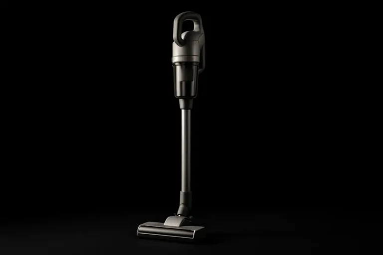 High-quality product photo of a single complete cordless vacuum cleaner, fully visible and centrally placed with spotlight on a black background