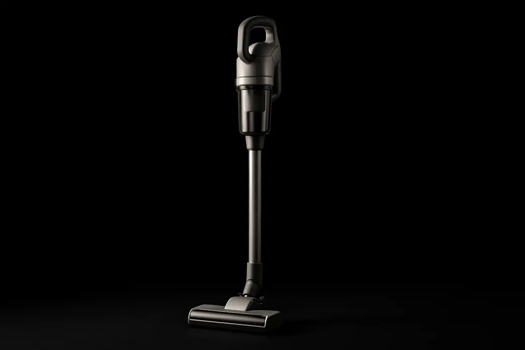 High-quality product photo of a single complete cordless vacuum cleaner, fully visible and centrally placed with spotlight on a black background