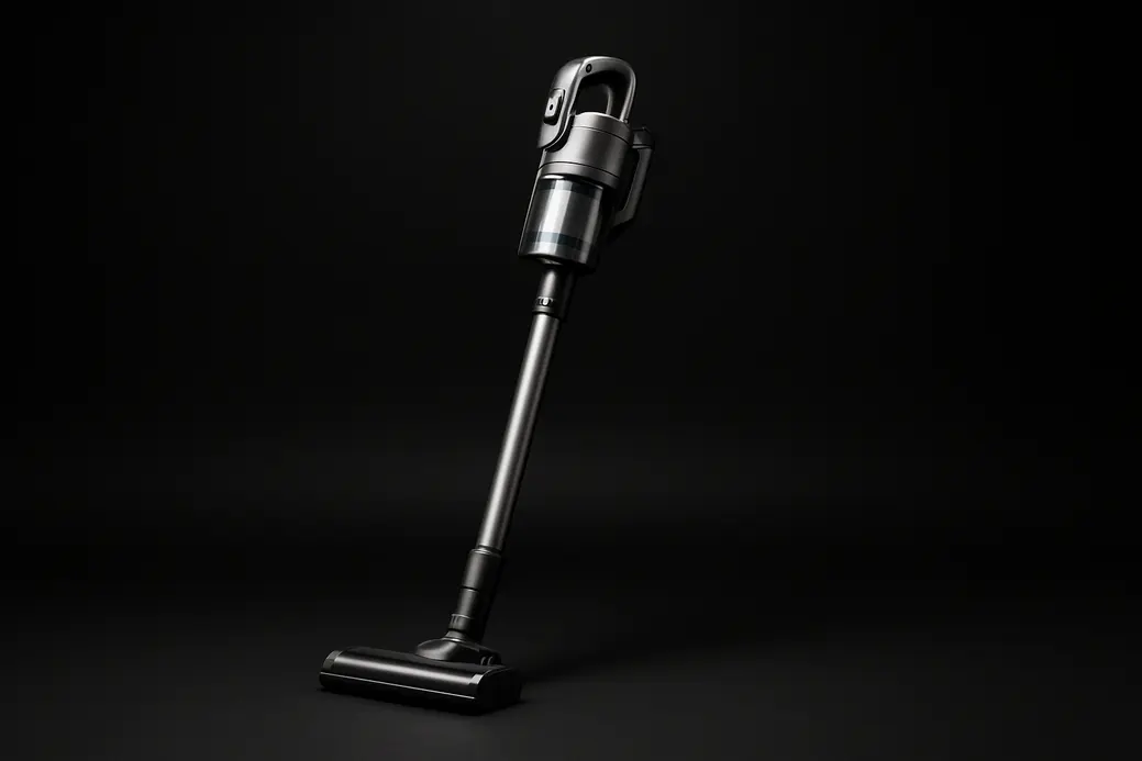High-quality product photo of a single sleek wireless vacuum cleaner centered on a black background with soft spotlight lighting highlighting its clean and complete design