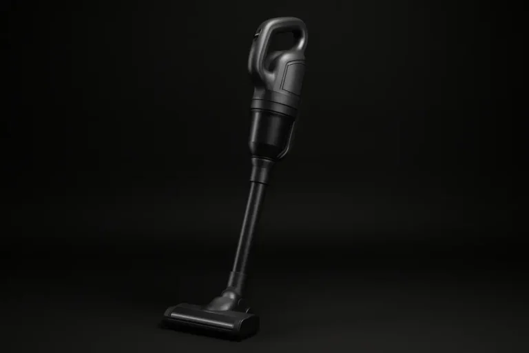 High-quality photo of a sleek cordless vacuum cleaner centered on a black background with soft even lighting, showing the product in pristine condition and professional commercial style.