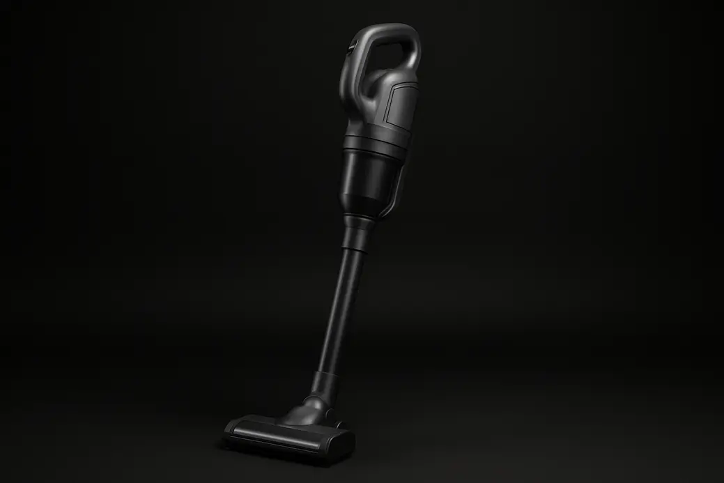 High-quality photo of a sleek cordless vacuum cleaner centered on a black background with soft even lighting, showing the product in pristine condition and professional commercial style.
