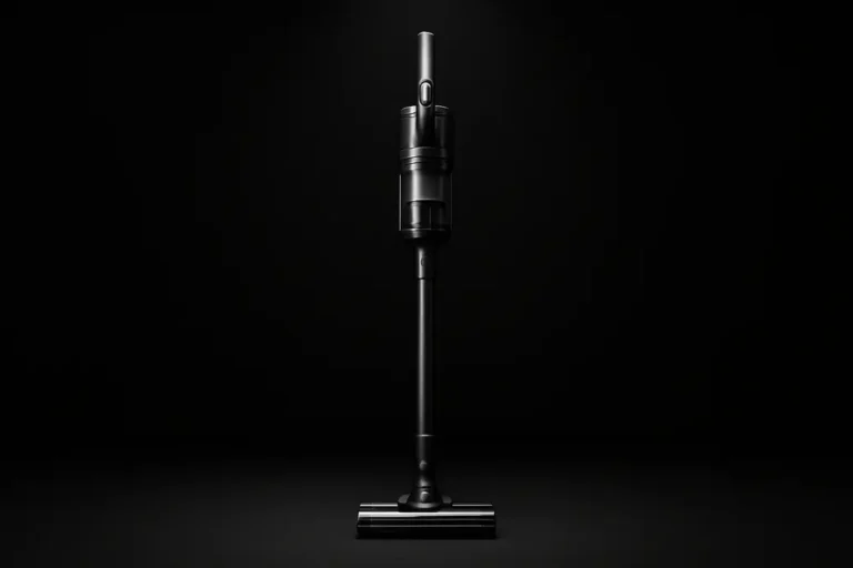 High-quality product photo of a sleek complete cordless vacuum cleaner centered on a black background with soft spotlight lighting