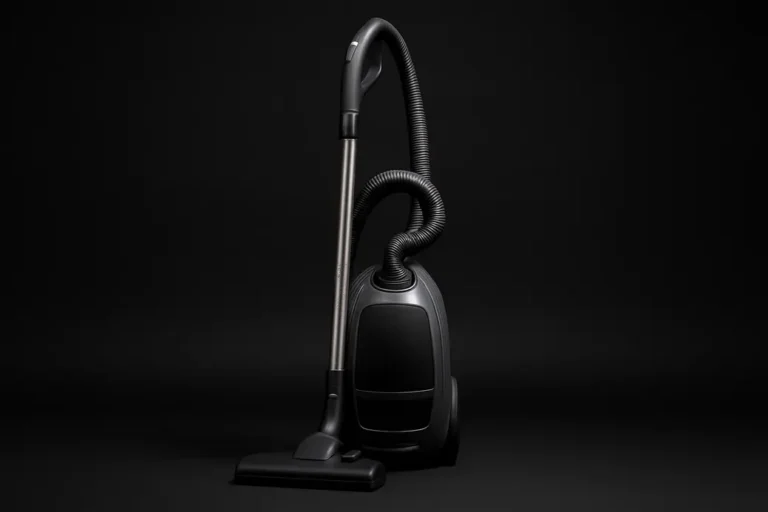 High-quality product photograph of a complete vacuum cleaner centered against a black background, illuminated by soft and even spotlights highlighting its clean surfaces and shape.