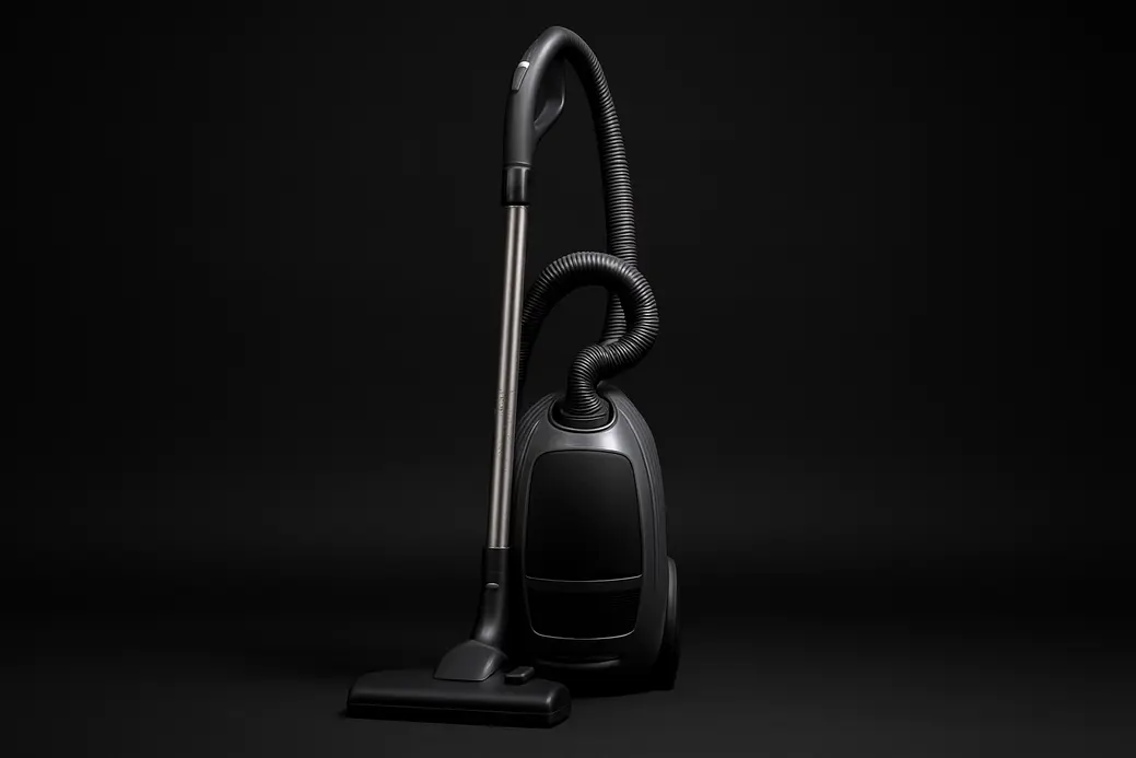High-quality product photograph of a complete vacuum cleaner centered against a black background, illuminated by soft and even spotlights highlighting its clean surfaces and shape.