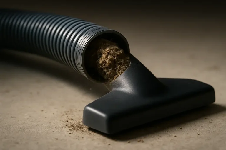 Close-up macro photograph of a vacuum cleaner hose and nozzle showing a clear blockage of dirt inside the hose, placed centrally on a neutral background resembling a workshop floor.