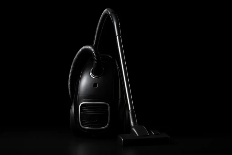 Professional product photo of a complete vacuum cleaner centered against a pure black background with soft, even spotlighting emphasizing its clean and sleek design.
