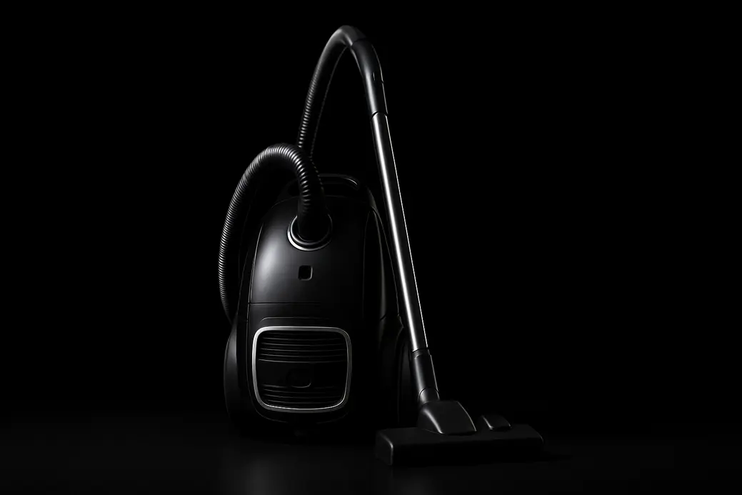 Professional product photo of a complete vacuum cleaner centered against a pure black background with soft, even spotlighting emphasizing its clean and sleek design.