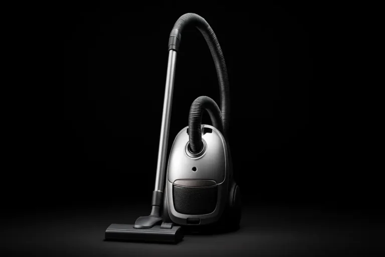 A sleek and complete vacuum cleaner centered against a black background with soft, even lighting and spotlight highlighting its smooth surfaces and realistic details.