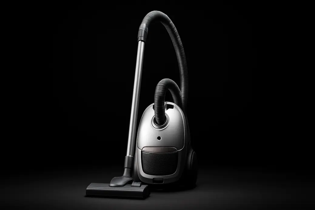 A sleek and complete vacuum cleaner centered against a black background with soft, even lighting and spotlight highlighting its smooth surfaces and realistic details.