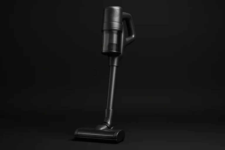 A clean, fully visible wireless vacuum cleaner centered on a black background with even spotlight lighting, in a neutral commercial studio style.