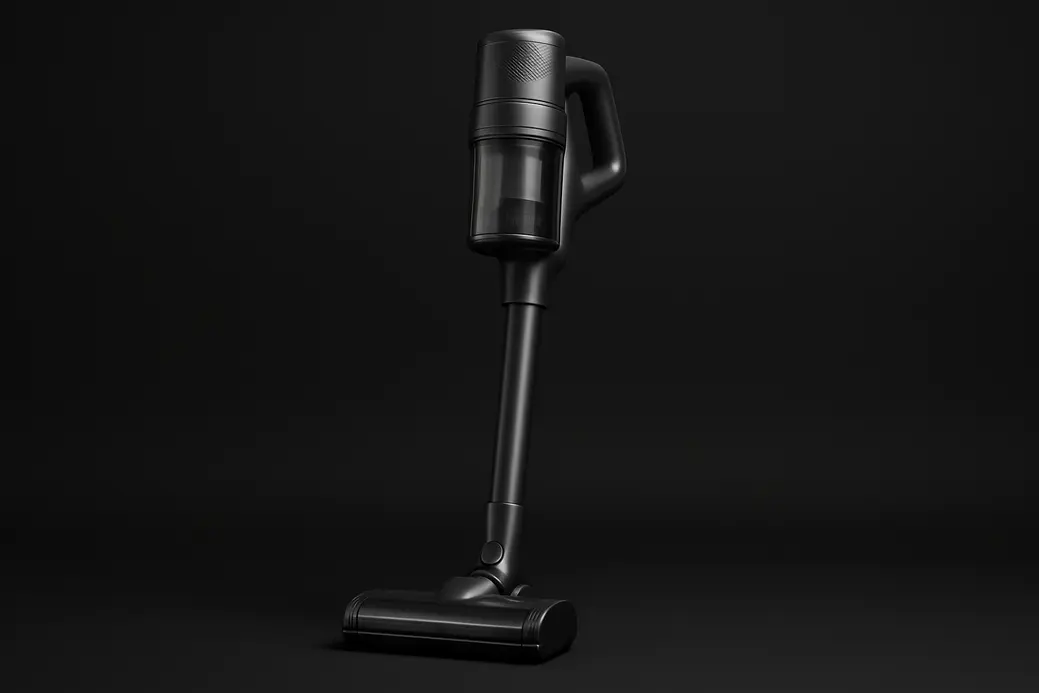 A clean, fully visible wireless vacuum cleaner centered on a black background with even spotlight lighting, in a neutral commercial studio style.