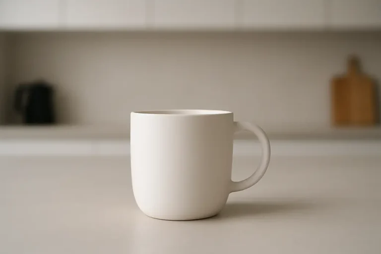 A clean white coffee cup placed centrally on a neutral background in a modern kitchen environment, photographed with soft even lighting and a sharp focus on the cup.