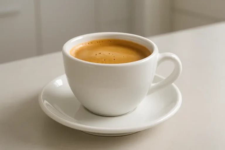 Professional photo of a single white coffee cup filled with fresh coffee and crema, captured at a 45-degree angle in a modern clean kitchen with soft even lighting and a neutral background.