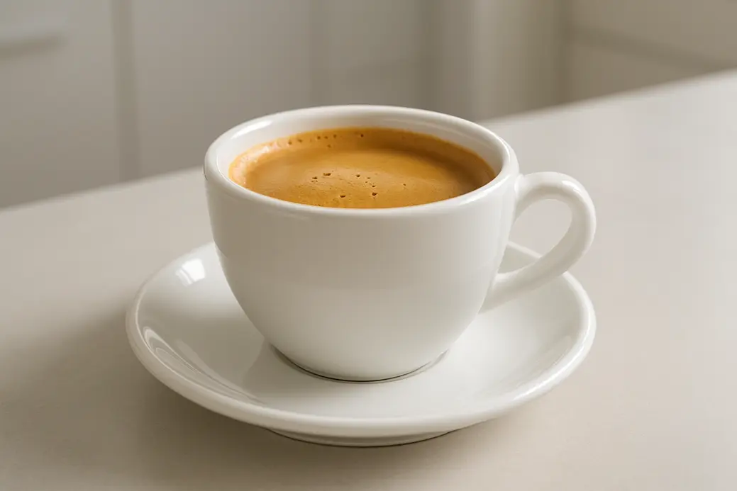 Professional photo of a single white coffee cup filled with fresh coffee and crema, captured at a 45-degree angle in a modern clean kitchen with soft even lighting and a neutral background.
