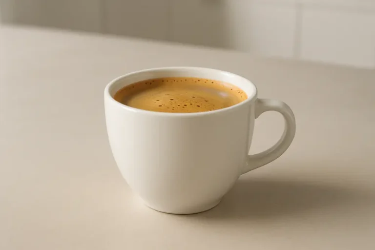 A single white coffee cup viewed at a 45-degree angle filled with freshly brewed coffee topped with crema, placed centrally against a clean, modern kitchen background with soft, even lighting.