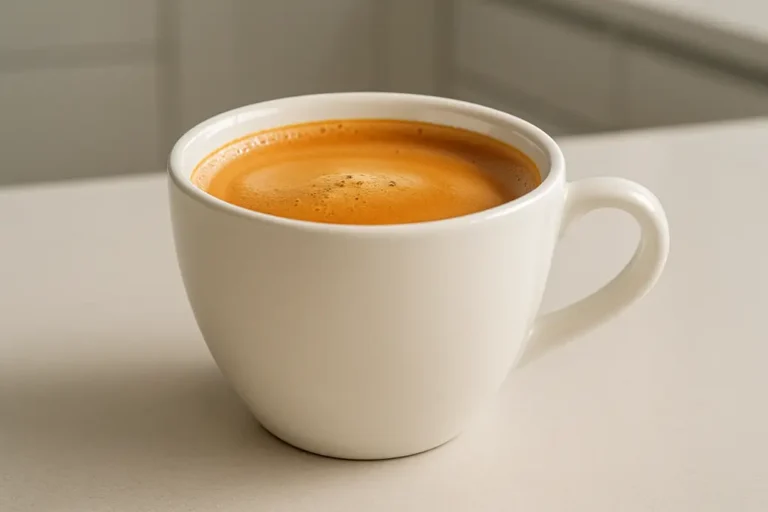 A clean, modern white coffee cup filled with coffee topped by a creamy crema layer, photographed at a 45-degree angle with soft, even lighting and a blurred modern kitchen background.